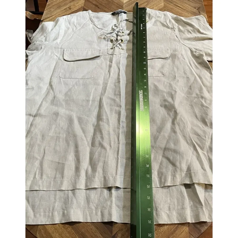 Ellen Tracy Top Linen Tunic Lace Up Neckline Boho Peasant Womens XL‎ Lagenlook